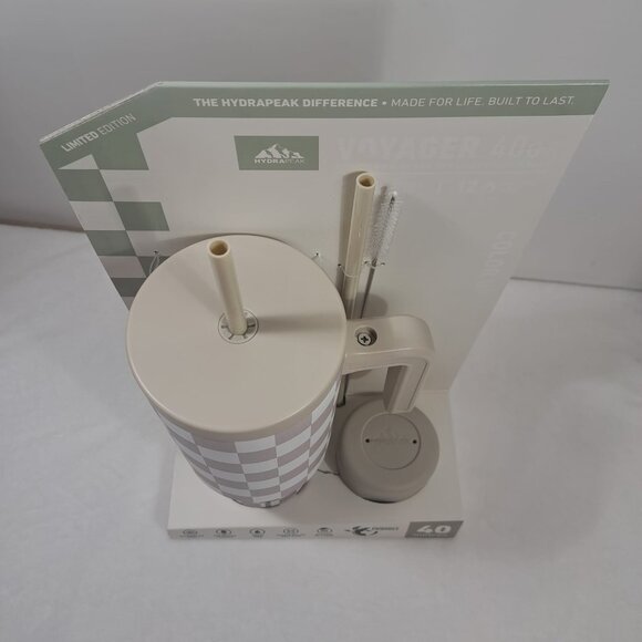 Hydrapeak Voyager 40oz Steel Tumbler Limited Edition Cream Checkered With Handle - Picture 6 of 8